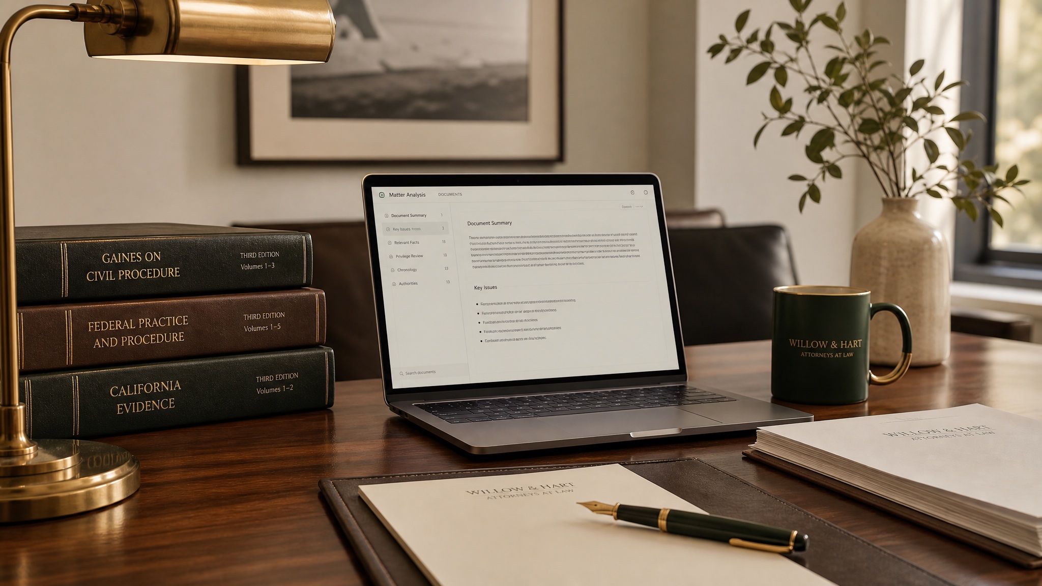 A modern boutique law office desk with documents and case books