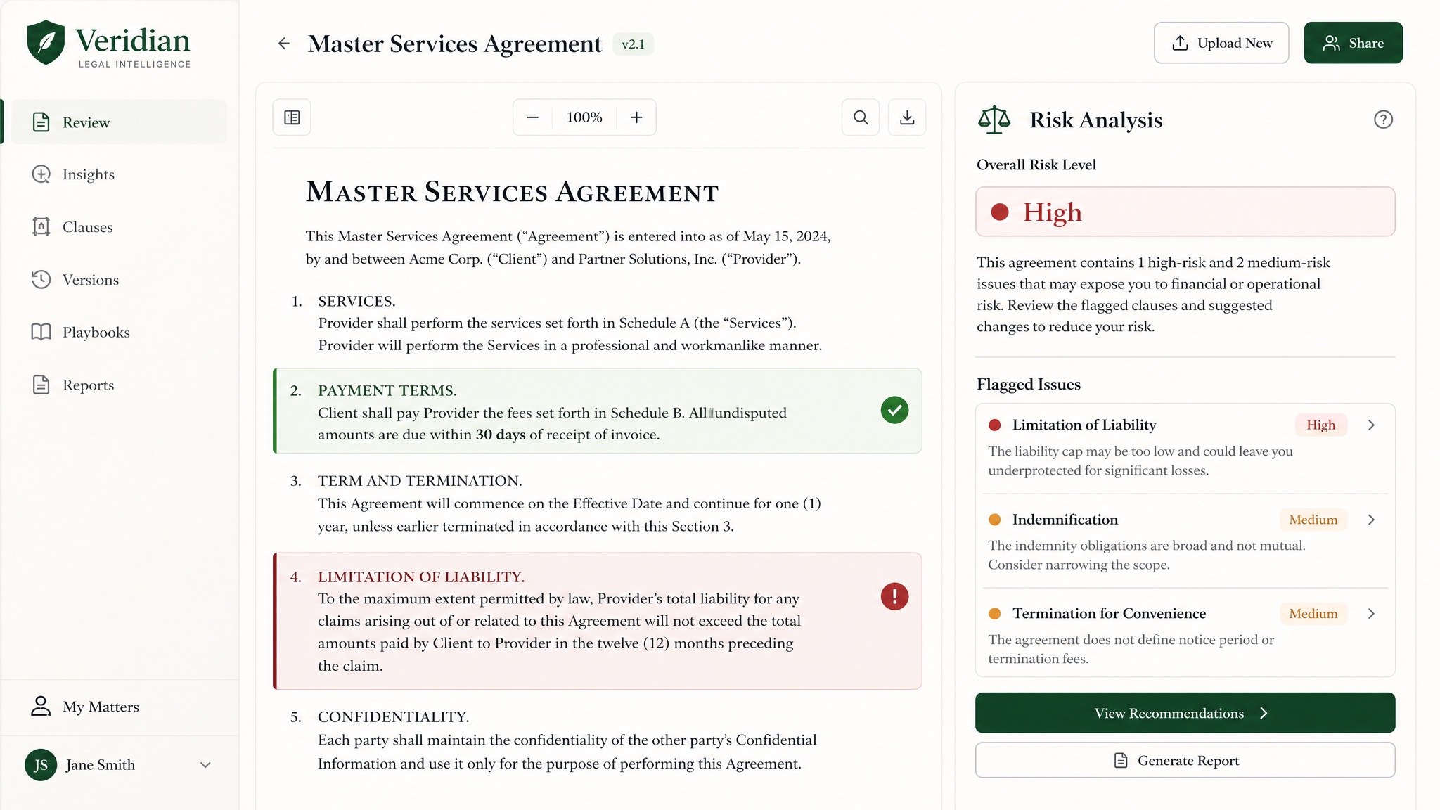 Legalysis interface: a contract beside its risk analysis with flagged clauses