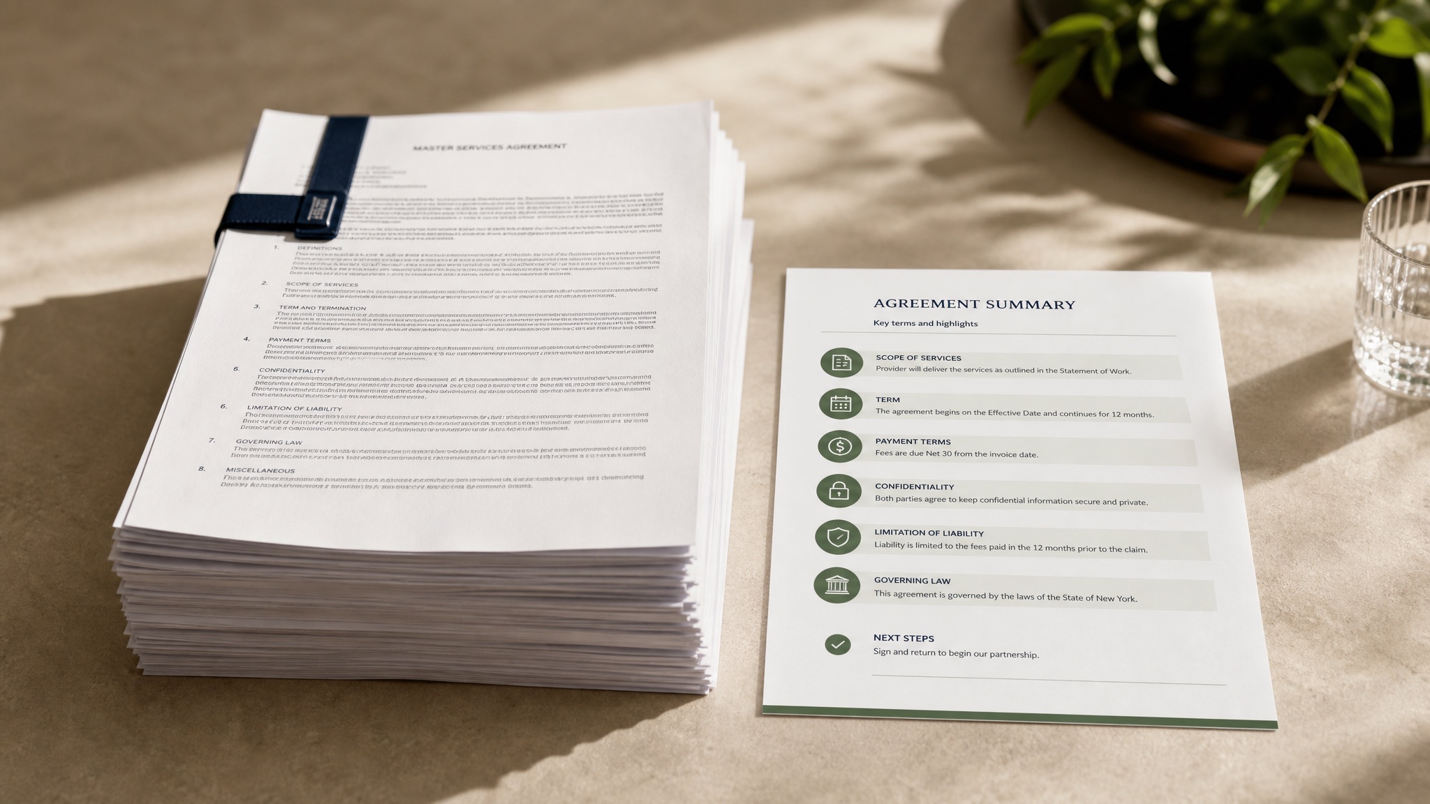 A long contract condensed into a one-page summary