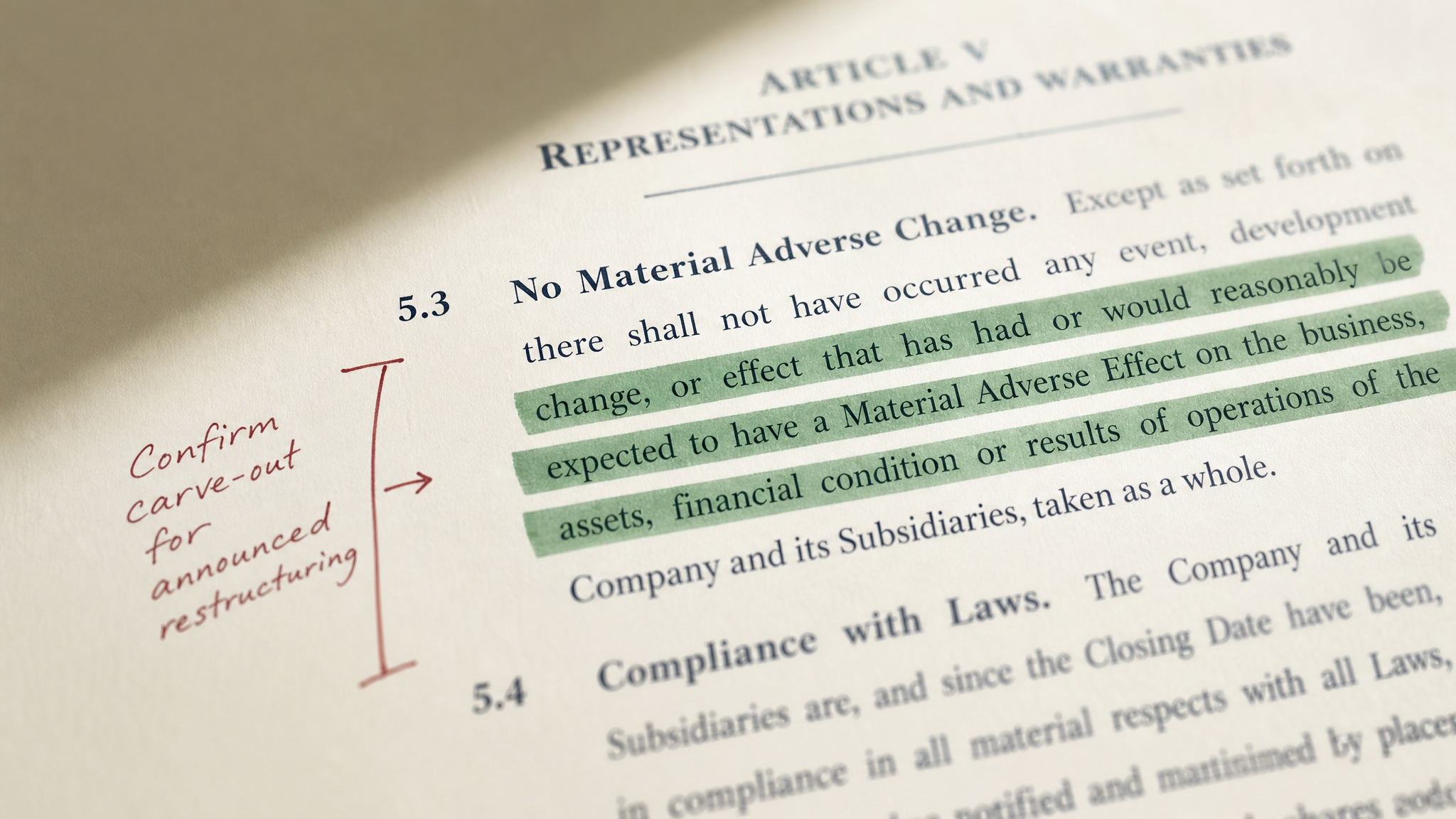 A contract clause highlighted in green with an oxblood redline note in the margin